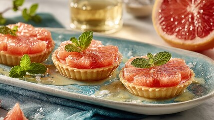 Three delicate citrus fruit tarts are artfully presented on a blue platter garnished with fresh mint leaves