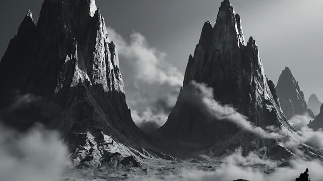 Dramatic mountain peaks emerging from dense swirling fog in a monochrome, epic landscape.