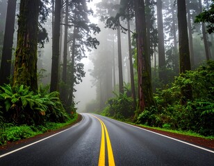 Winding road through misty redwood forest with towering trees