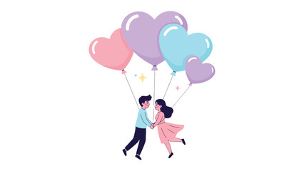 Love's Ascent: A couple, hand in hand, float joyfully upwards, guided by a bouquet of heart-shaped balloons, symbolizing the boundless heights of love. 