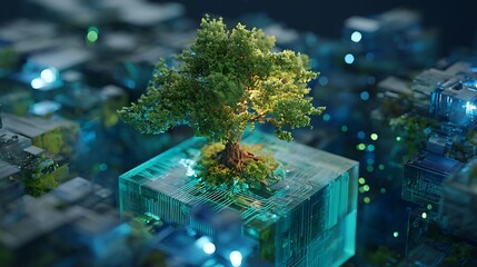 Futuristic digital tree growing on a holographic cube amidst a cityscape.