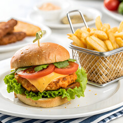 Freshly Made Burger with Golden Fries on transparent background