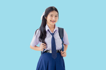 Portrait Asian Thai High School Student female happy smile half body isolated with clipping path