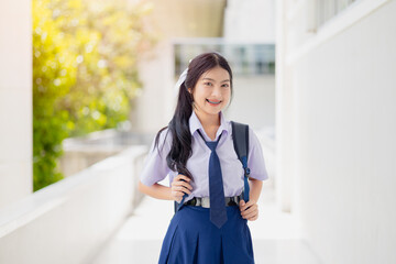 Portrait Thai Asian student in uniform looking camera happy smile for education back to school