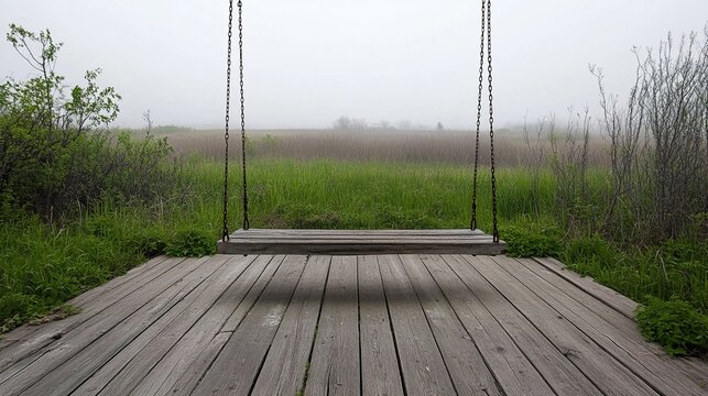 ppa. Empty playground swing moving in abandoned village under overcast sky. lifestyle magazines, social media lookbooks, designed for influencer and brand collaborations.