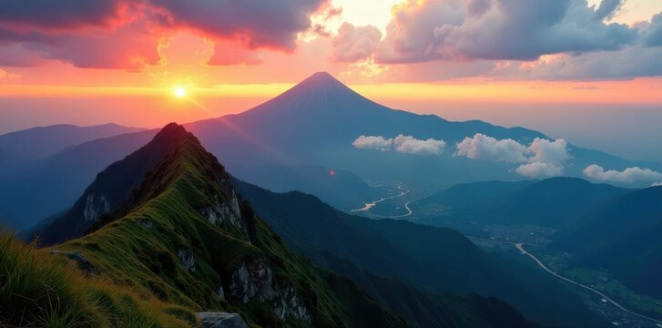 Majestic Fansipan peak, Lao Cai, Vietnam sunrise, panorama, stock
