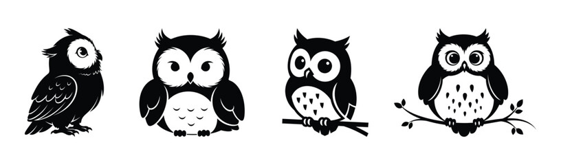 Collection of Black and White Vector Illustrations of Cute Owls