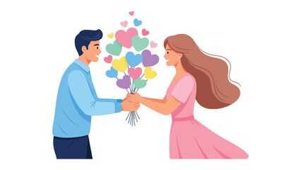 Obraz premium Bouquet of Hearts: A man hands a bouquet of colorful heart-shaped balloons to a woman, symbolizing love and affection. Capturing the essence of romance, affection and bond.