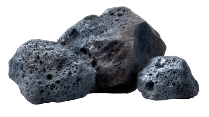 Three dark porous volcanic lava rocks with rough texture for geology