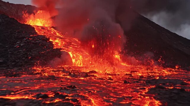 Fiery molten lava flows down a dramatic volcanic mountainside during an intense eruption, capturing raw natural power and spectacle.