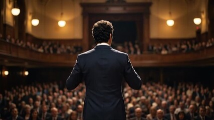 Confident speaker addresses a vast audience in a grand auditorium, delivering a powerful speech under warm stage lights, viewed from behind.