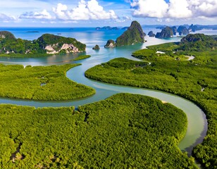 Aerial shot of bay with emerald water, lush islands, and mangroves