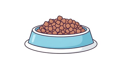 A vibrant illustration depicting a full light blue bowl of dry pet food, commonly known as kibble, designed to nourish dogs or cats, set against a clean white background