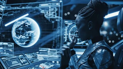 Futuristic Control Room Interface - A focused individual operates a high-tech control panel filled with holographic displays and data projections, showcasing an interactive globe and various digital - Powered by Adobe