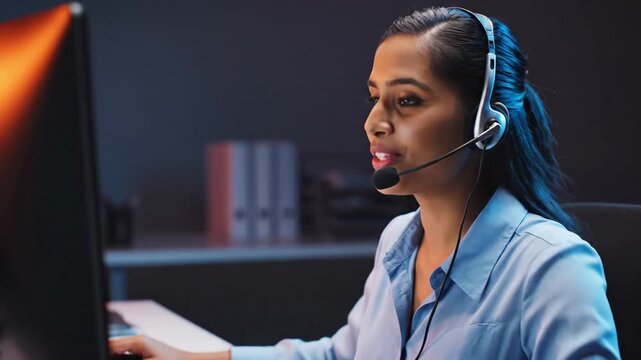Engaging Customer Service Representative - A professional-looking female customer service representative is speaking on a headset while gesturing towards a computer screen.