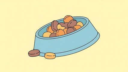 Clean vector illustration of a light blue pet bowl filled with tasty kibble pieces, with some scattered around, set against a soft yellow background