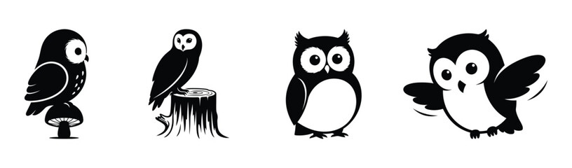 Charming collection of stylized black and white owl icons, perfect for various design projects and whimsical themes