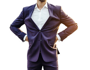 Confident professional in a dark purple suit and white shirt, standing with hands on hips in a powerful stance, subtly, isolated on white background