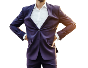 Confident professional in a dark purple suit and white shirt, standing with hands on hips in a powerful stance, subtly, isolated on white background