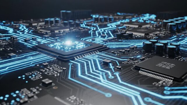 Electronic circuit board with glowing blue pathways and integrated microchips in detailed close-up