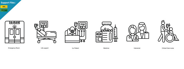 The concept of intensive care medicine critical care. Emergency Room, Life support, Icu Patient, Medicine, Intensivist and Critical Care nurse. icon set vector