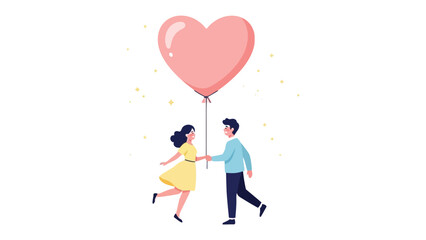 Love in Flight: A couple joyfully walking hand-in-hand, a heart-shaped balloon floats above them, signifying the beginning of their journey. Evoking feelings of romance, love, and partnership.