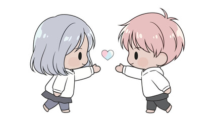 Shared Heart: Two endearing figures reach for a floating heart, expressing unity and devotion with delicate charm. The image embodies the sweetness of connection.