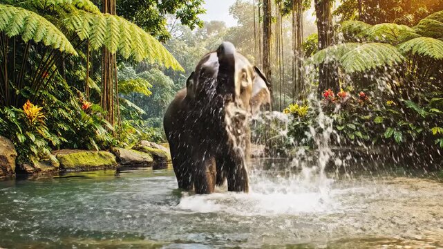 Elephant in water with lush jungle scene.
