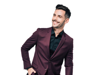 Handsome young man, dark hair, beard, wearing plum burgundy suit and black shirt. Smiling confidently, looking to side, isolated on white background