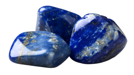 Three polished deep blue lapis lazuli tumbled stones with pyrite inclusions against
