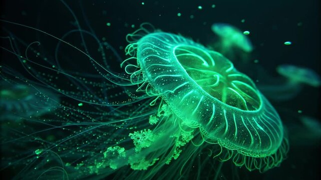 Bioluminescent jellyfish glowing vibrantly green underwater in the deep ocean environment
