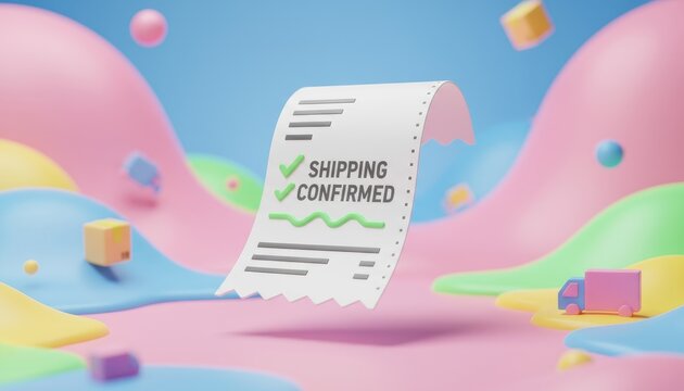 A colorful, playful scene featuring a floating shipping receipt with a "Shipping Confirmed" message, surrounded by geometric shapes and pastel waves.