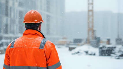 Construction worker in an orange safety jacket and helmet, standing in a snowy outdoor site, observing a building project.