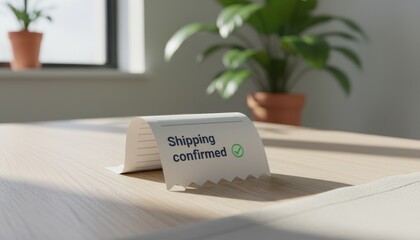 A paper slip reading "Shipping confirmed" is placed on a wooden table, with a plant in a pot visible in the background, indicating a confirmation of an order.