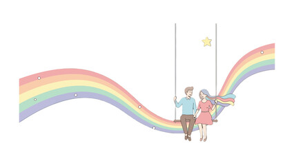 Eternal Rainbow of Affection: A romantic couple swings gently amidst a vibrant, ethereal rainbow, a symbol of hope, love, and endless possibilities.