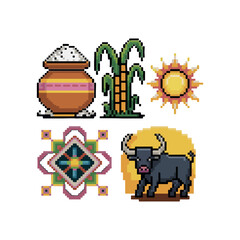 Pongal Festival Pixel Icons Set – Retro 8-Bit Style
