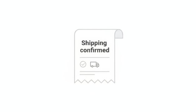 A shipping confirmation receipt with a checkmark and delivery truck icon, indicating successful order processing.