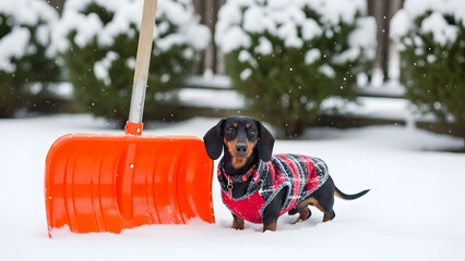 Dachshund worker in warm coat ready for snow shoveling with orange shovel