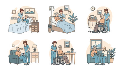Nurses Providing Care to Elderly Patients in Various Healthcare and Home Settings