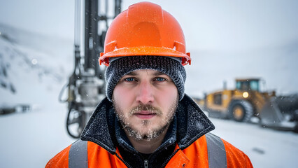 Durable worker in orange safety gear braving the winter snow and industrial environment
