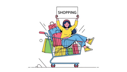 Excited Woman Sitting in Shopping Cart Full of Bags, Holding 'Shopping' Sign