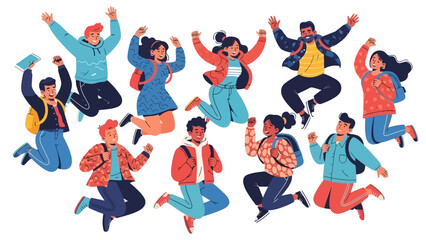Excited Diverse Students Jumping for Joy with Backpacks and Books, Celebrating Success