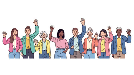 Diverse group of people waving hands, representing friendship, diversity, and welcome © Adel