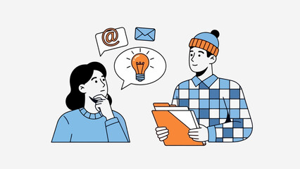 Diverse Colleagues Brainstorming Ideas with Lightbulb and Email Icons, Collaboration Concept
