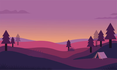 Fototapeta premium Flat Vector Landscape Illustration of Camping Tent in Purple Rolling Hills at Sunset