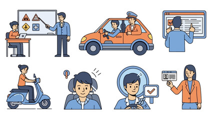 Driving School Concept: Education, Practice, License, and Transport Illustrated Set