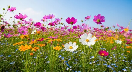 Obraz premium Vibrant cosmos and wildflowers bloom under clear blue sky