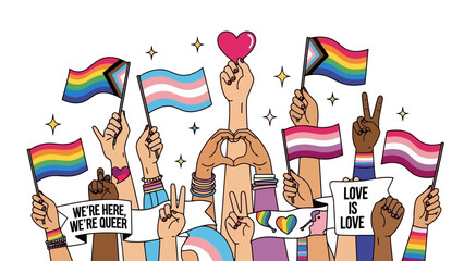 Diverse Hands Unite Holding Pride Flags and Symbols of Love and Inclusion