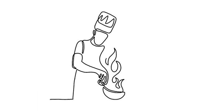 Continuous line animation of chef cooking gourmet meal, chef preparing food