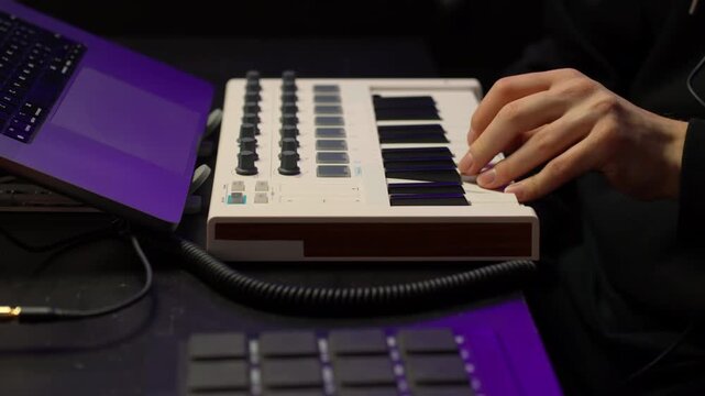 Musician's hand expertly playing MIDI keyboard controller, composing electronic tracks or songs with laptop and digital audio workstation in a home studio environmentm, close up , artificial lightnig